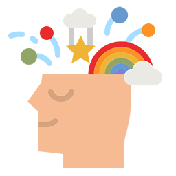 A person's head with thought bubbles representing ideas